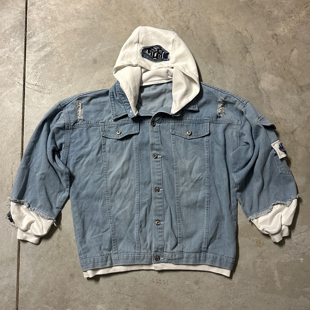 Hoodie Denim Jacket Sweatshirt - Picture 2 of 15